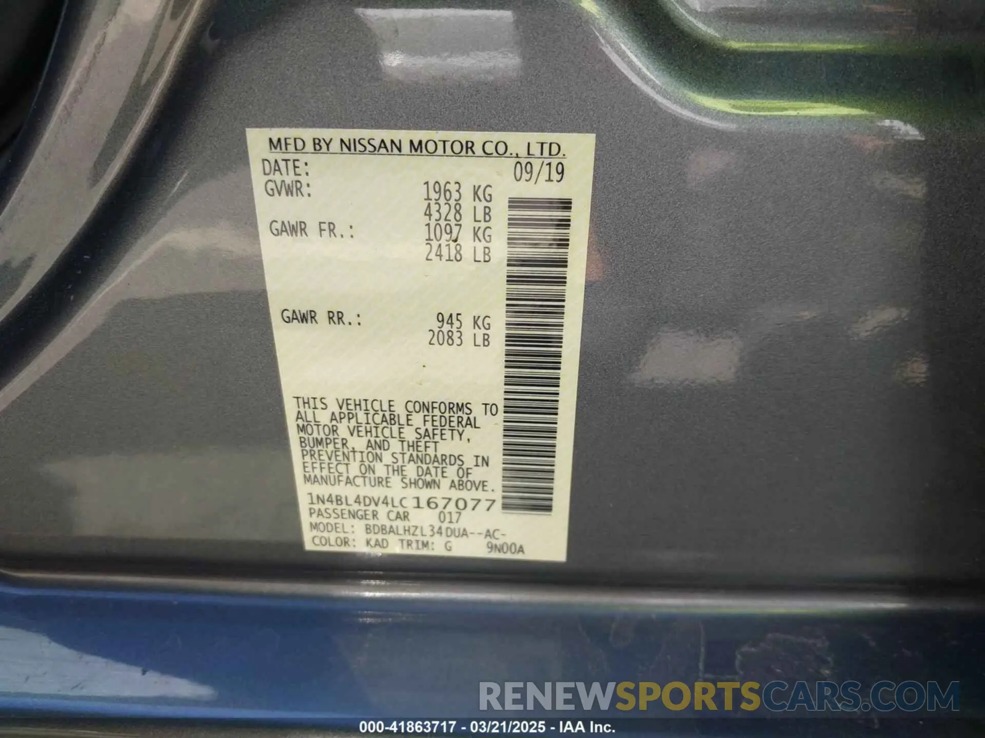 9 fotografías del automóvil dañado 1N4BL4DV4LC167077 NISSAN ALTIMA 2020