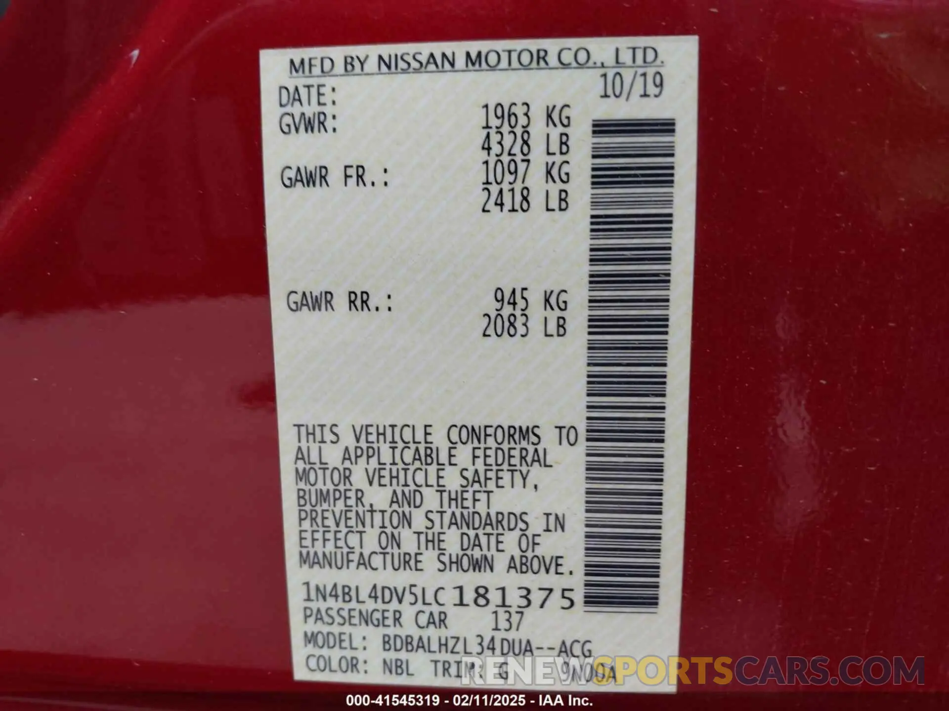 9 fotografías del automóvil dañado 1N4BL4DV5LC181375 NISSAN ALTIMA 2020