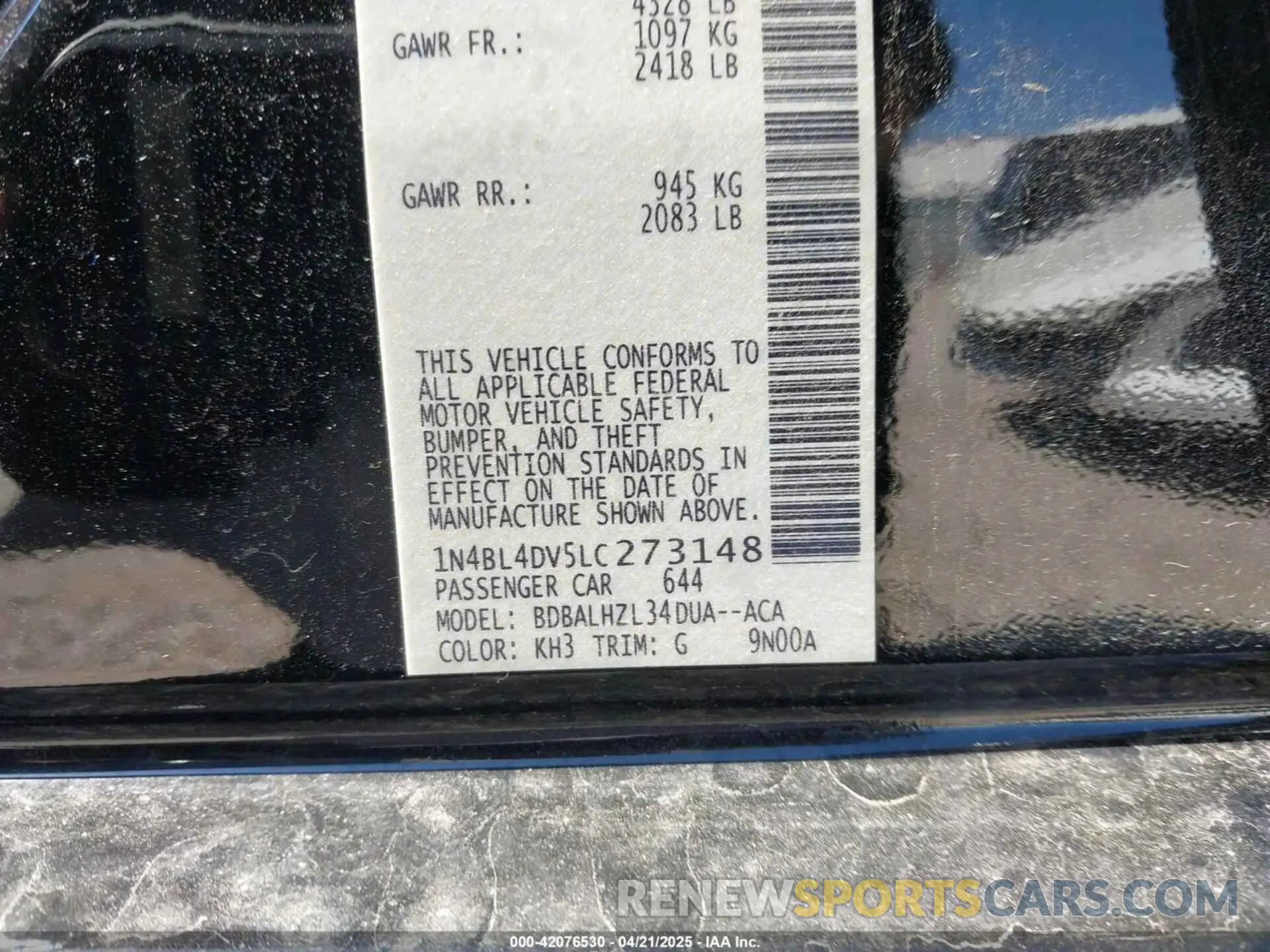 9 fotografías del automóvil dañado 1N4BL4DV5LC273148 NISSAN ALTIMA 2020