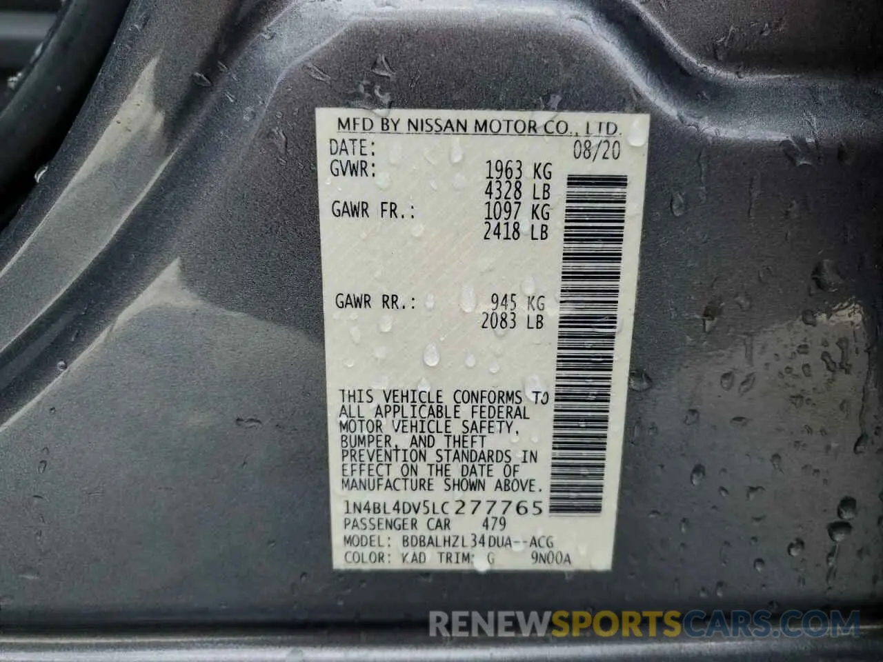 12 fotografías del automóvil dañado 1N4BL4DV5LC277765 NISSAN ALTIMA 2020