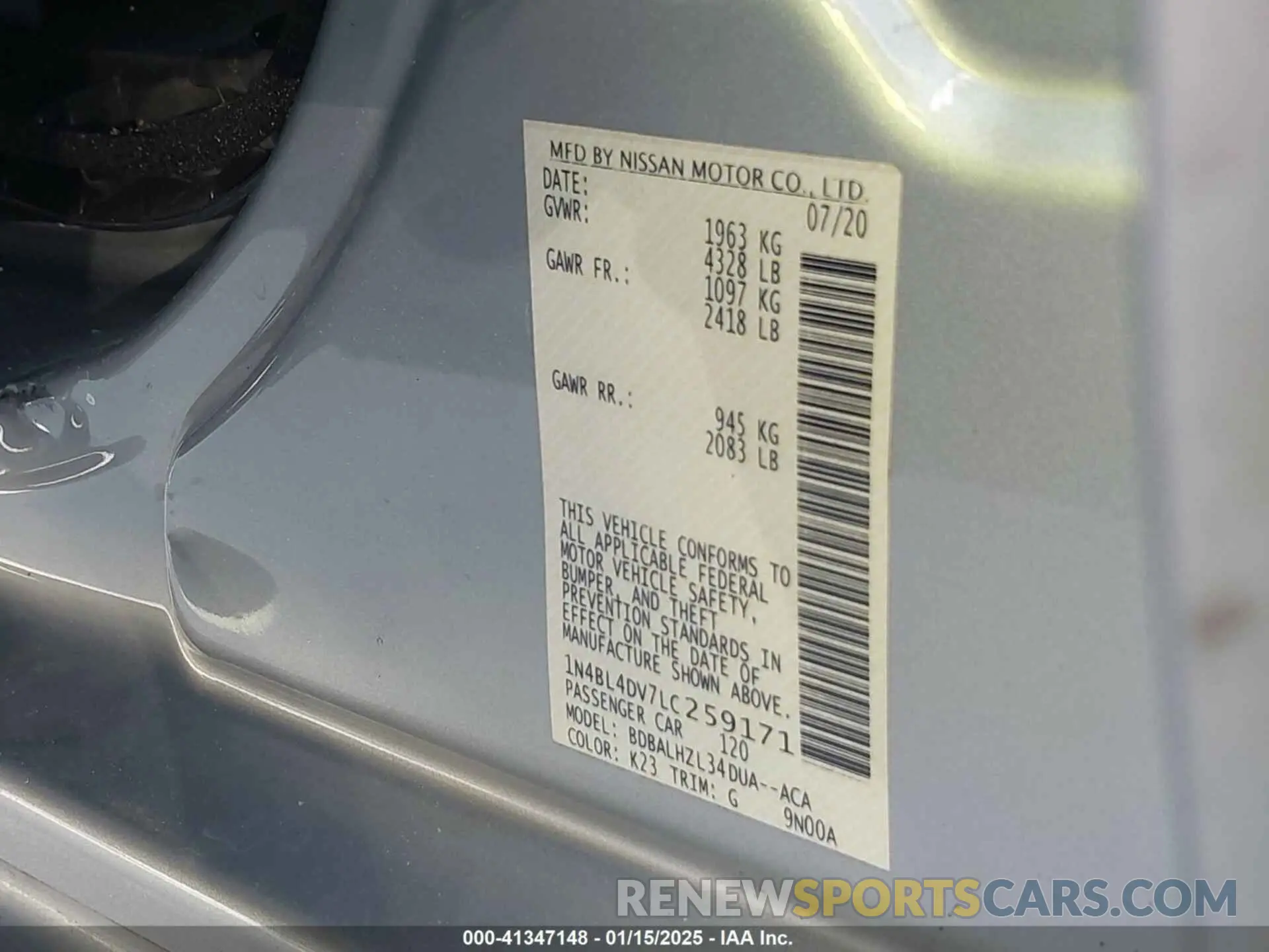9 fotografías del automóvil dañado 1N4BL4DV7LC259171 NISSAN ALTIMA 2020