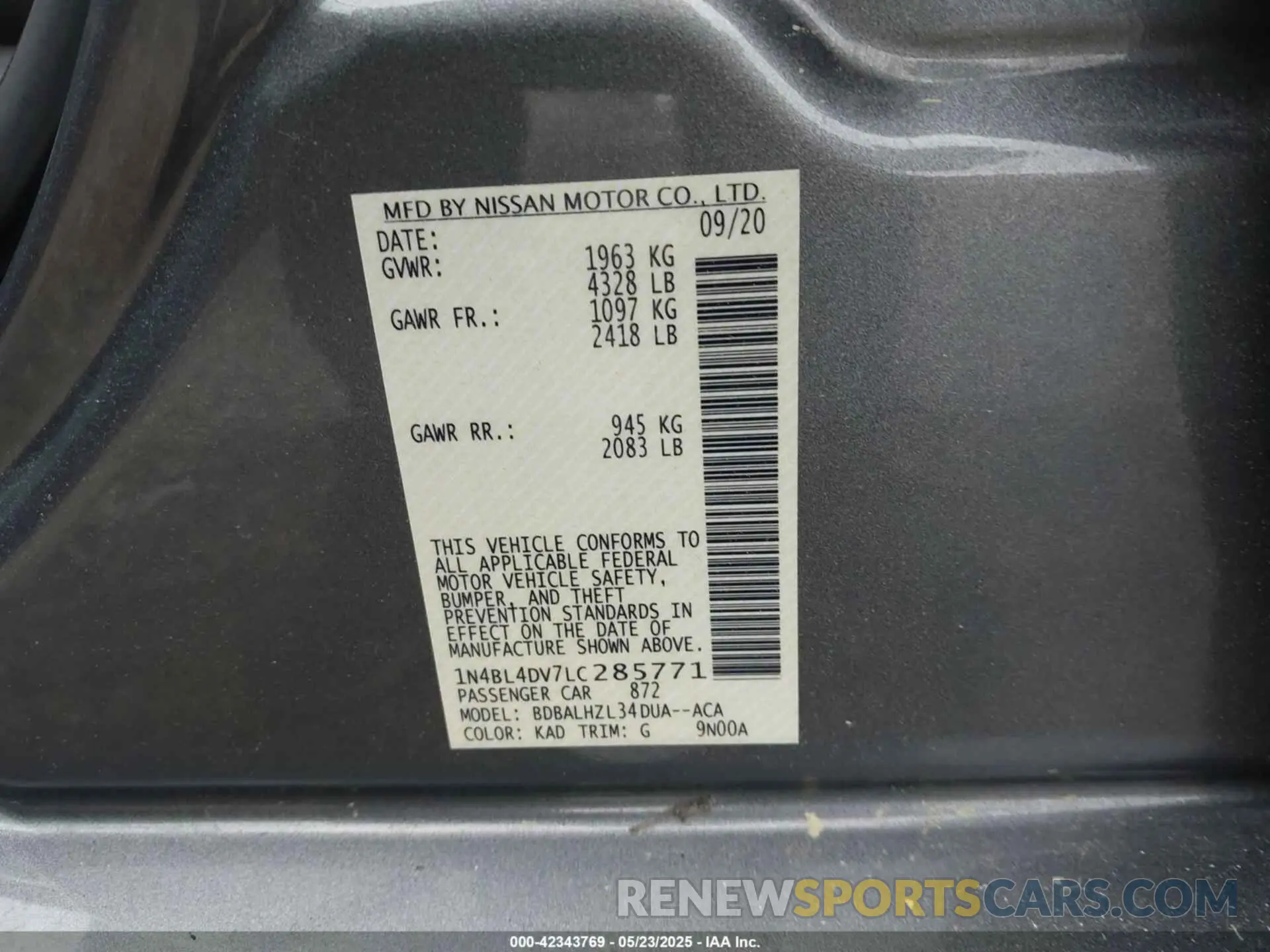 9 fotografías del automóvil dañado 1N4BL4DV7LC285771 NISSAN ALTIMA 2020