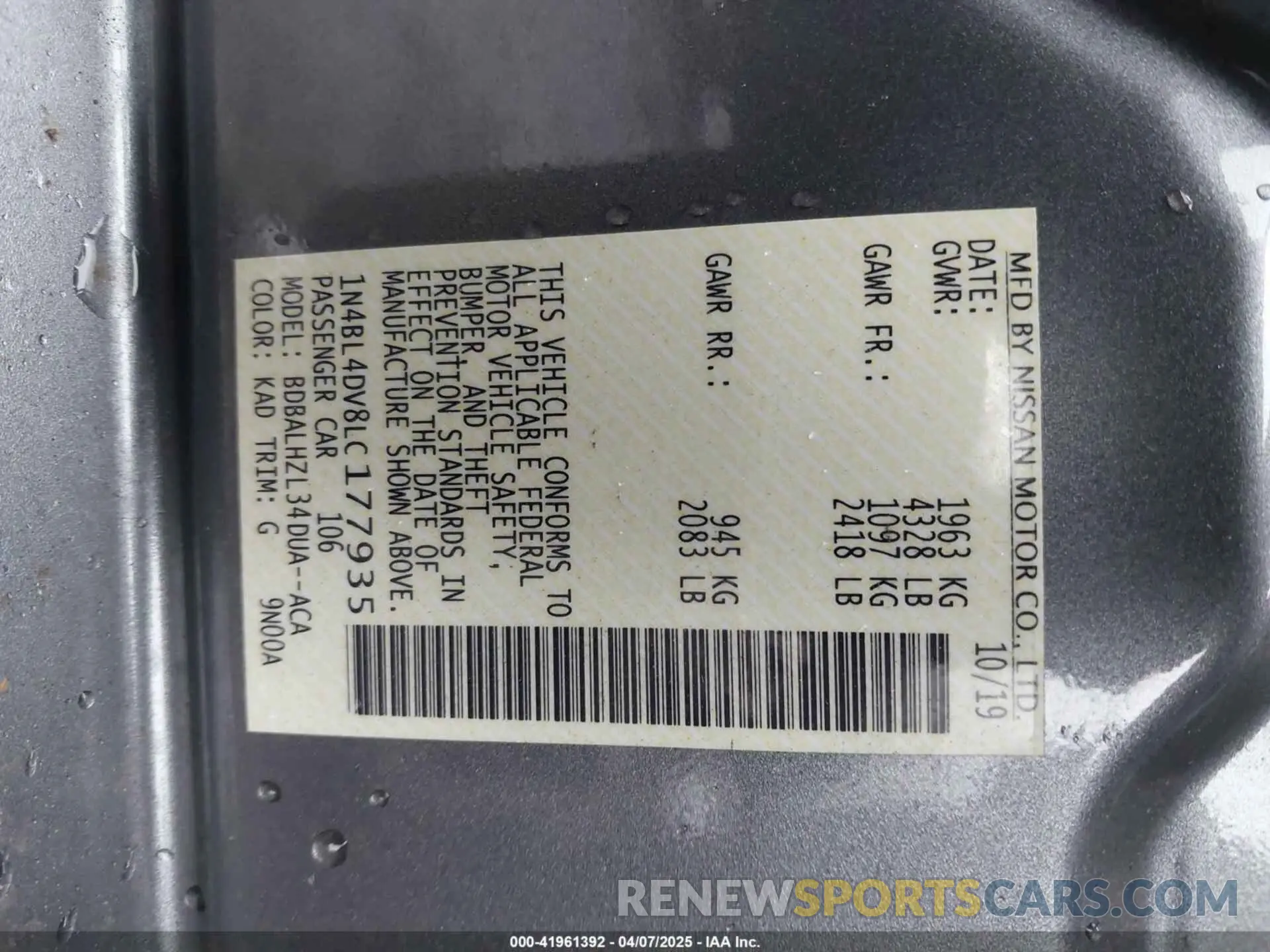 9 fotografías del automóvil dañado 1N4BL4DV8LC177935 NISSAN ALTIMA 2020