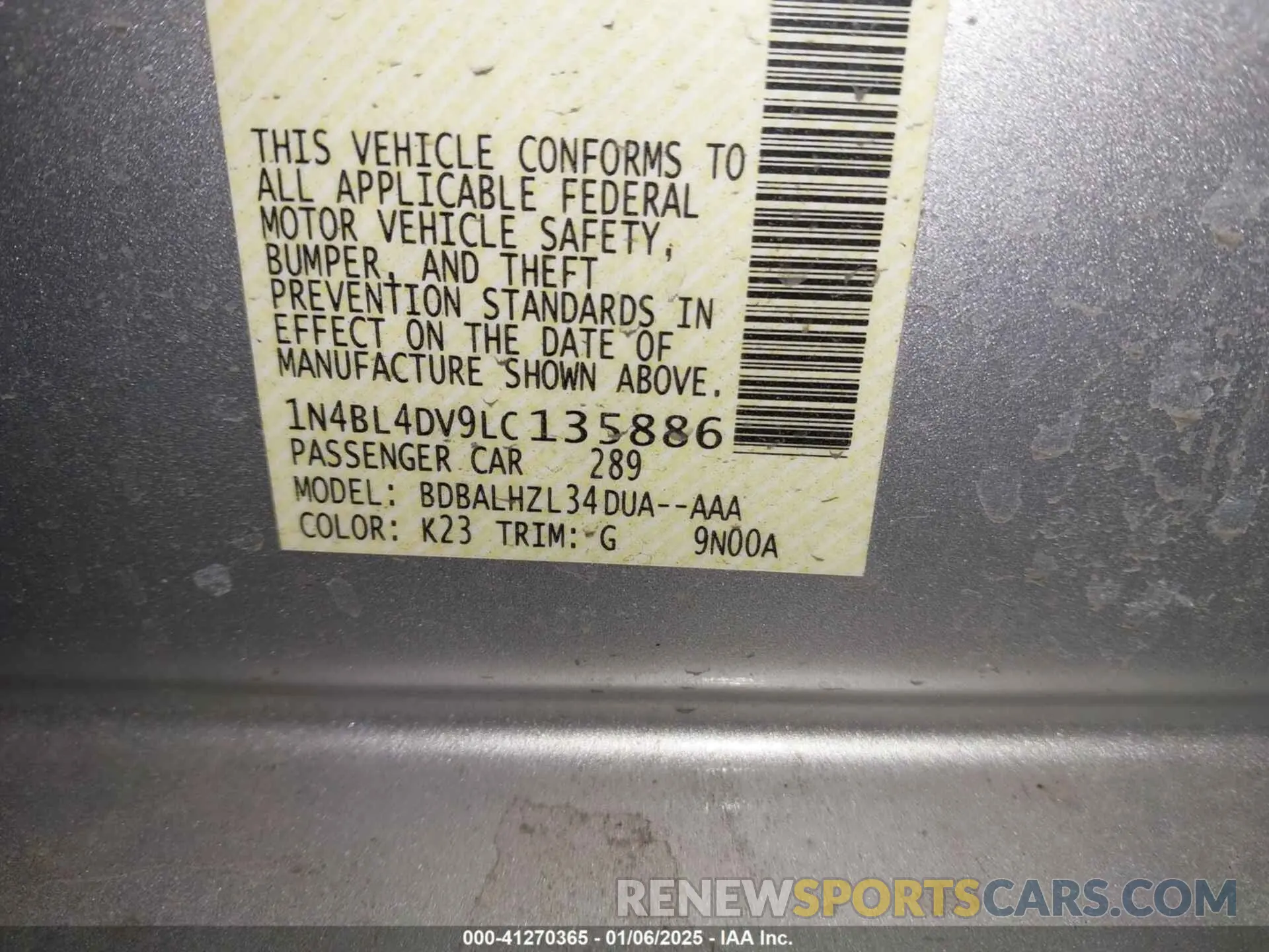 9 fotografías del automóvil dañado 1N4BL4DV9LC135886 NISSAN ALTIMA 2020