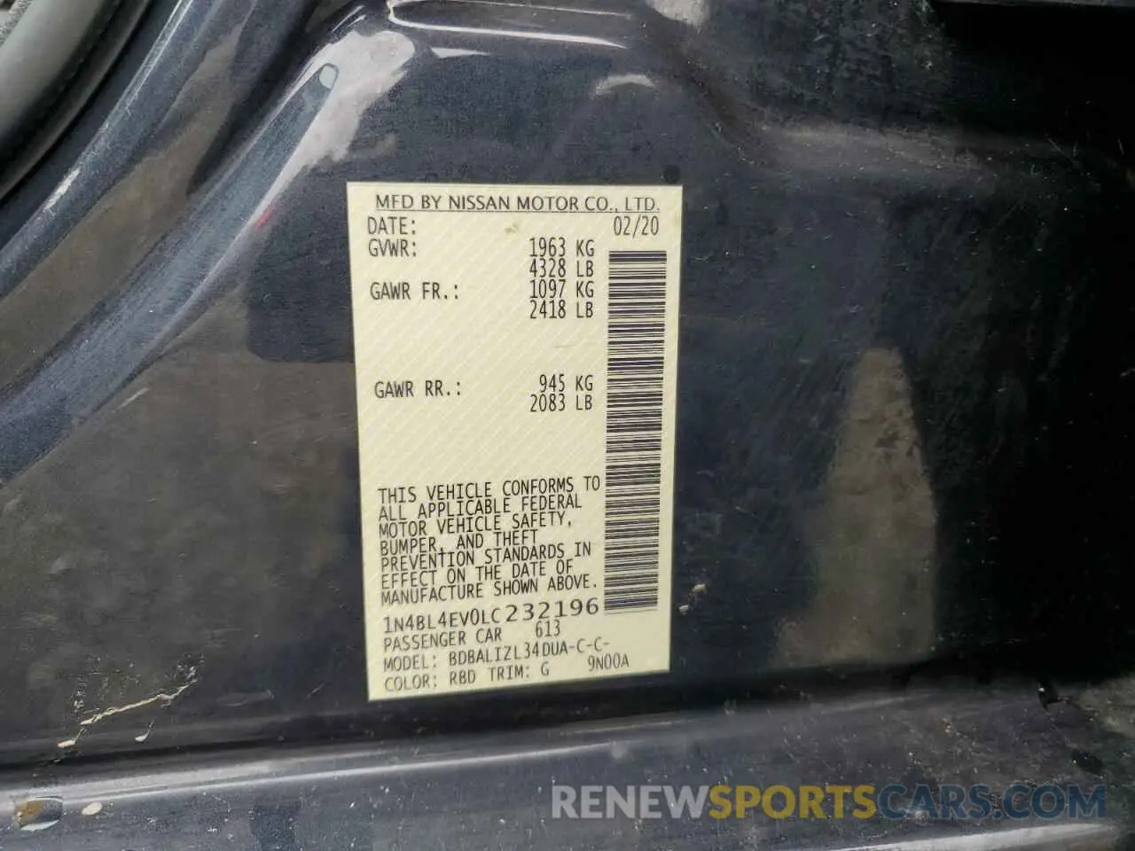 12 fotografías del automóvil dañado 1N4BL4EV0LC232196 NISSAN ALTIMA 2020