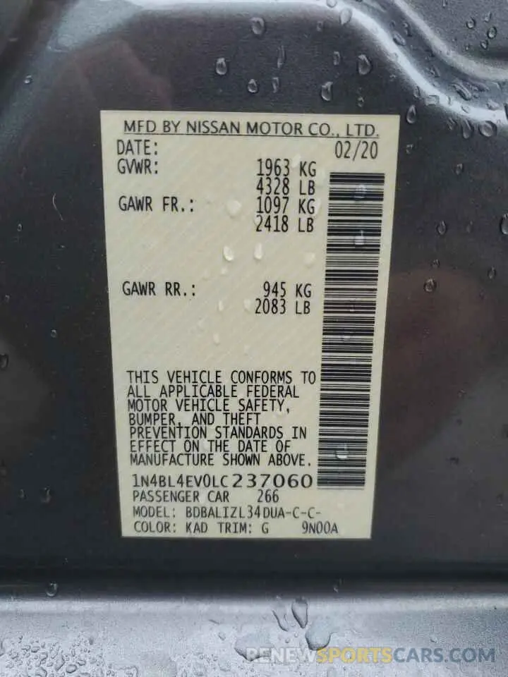 12 fotografías del automóvil dañado 1N4BL4EV0LC237060 NISSAN ALTIMA 2020