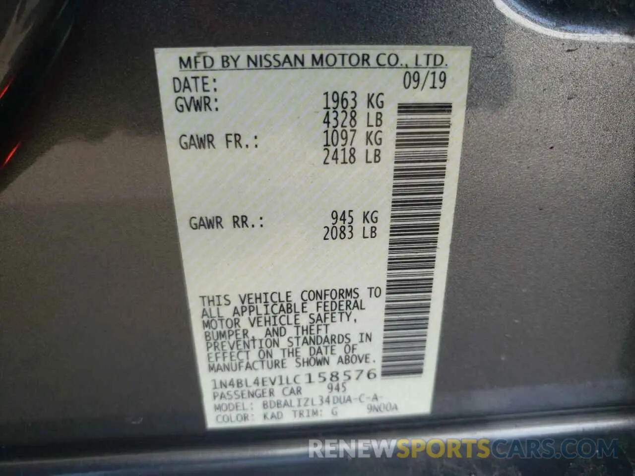 15 fotografías del automóvil dañado 1N4BL4EV1LC158576 NISSAN ALTIMA 2020