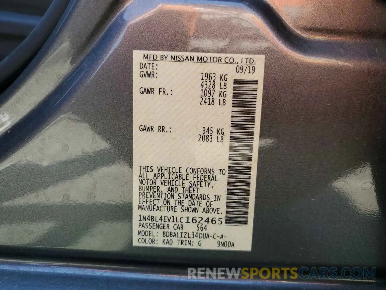 12 fotografías del automóvil dañado 1N4BL4EV1LC162465 NISSAN ALTIMA 2020