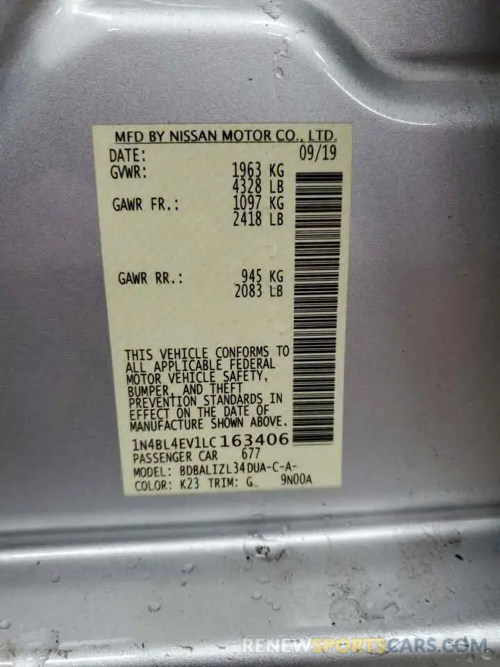 13 fotografías del automóvil dañado 1N4BL4EV1LC163406 NISSAN ALTIMA 2020