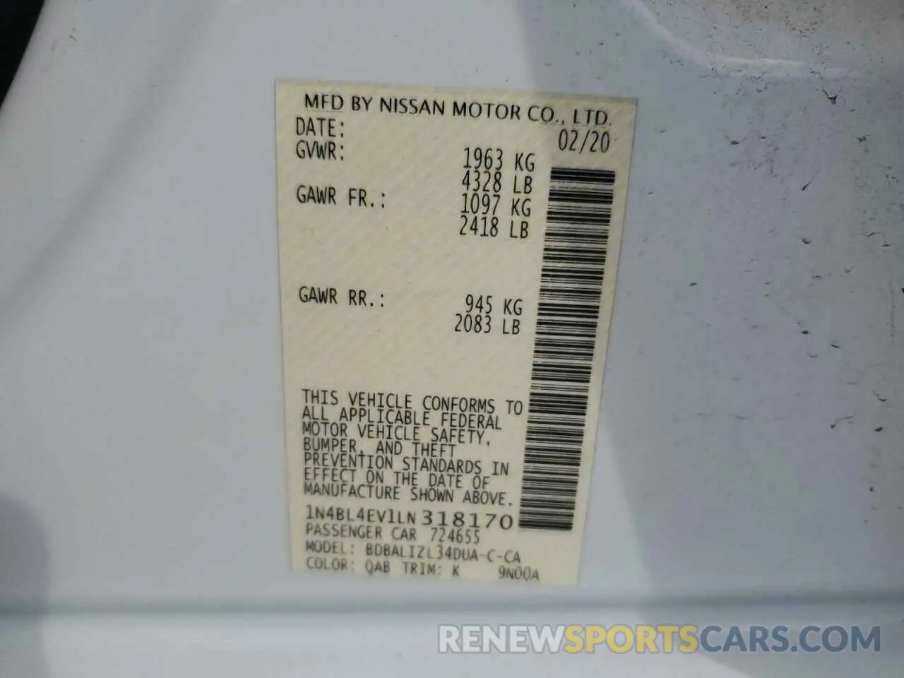 13 fotografías del automóvil dañado 1N4BL4EV1LN318170 NISSAN ALTIMA 2020