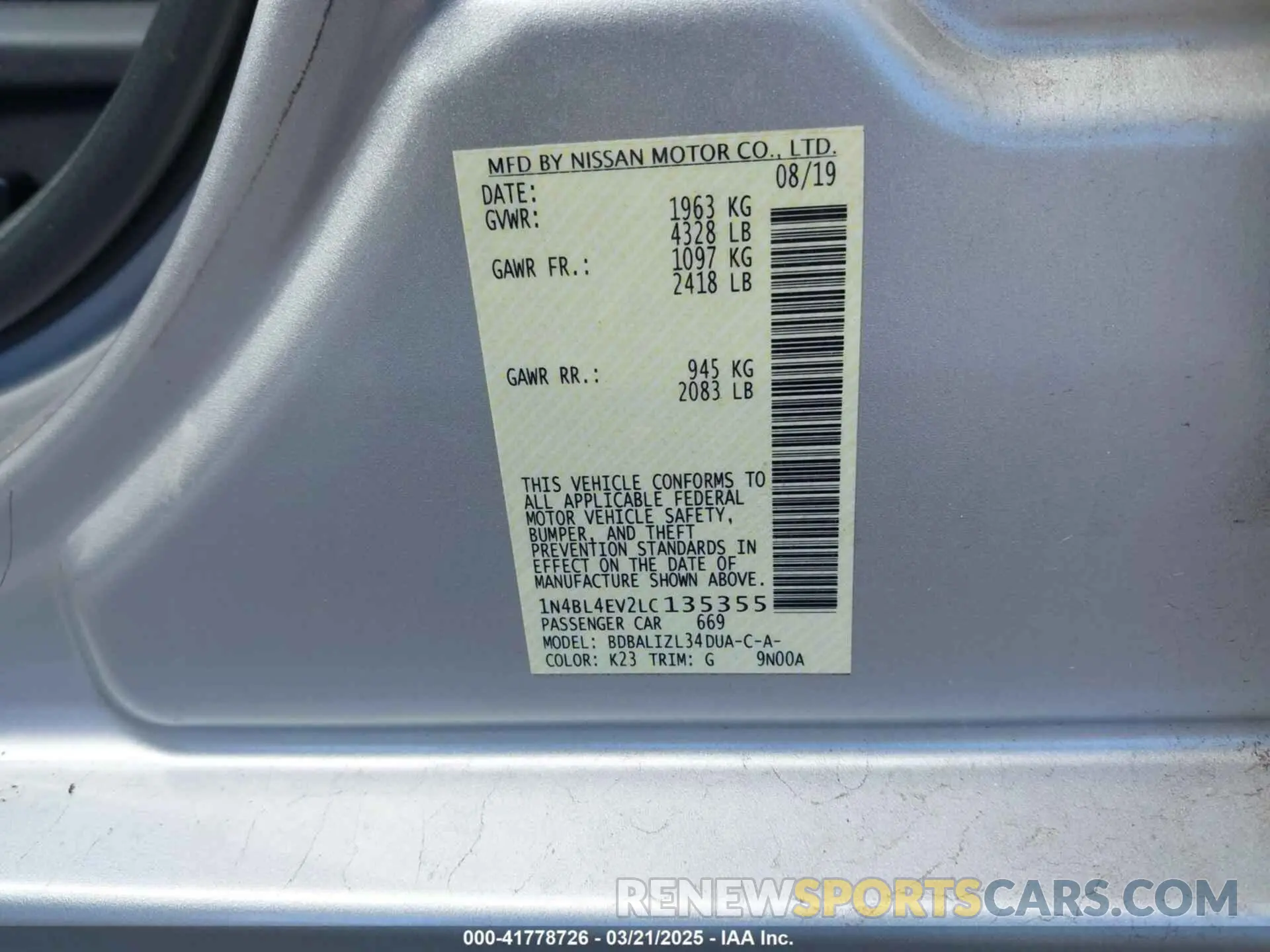 9 fotografías del automóvil dañado 1N4BL4EV2LC135355 NISSAN ALTIMA 2020