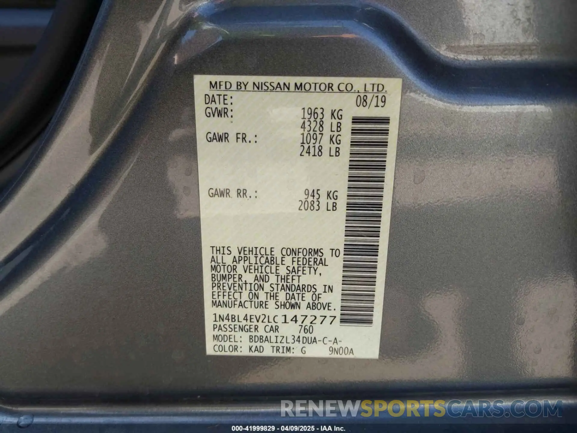 9 fotografías del automóvil dañado 1N4BL4EV2LC147277 NISSAN ALTIMA 2020