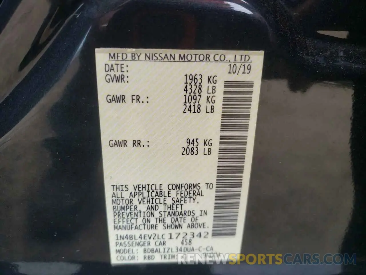 15 fotografías del automóvil dañado 1N4BL4EV2LC172342 NISSAN ALTIMA 2020