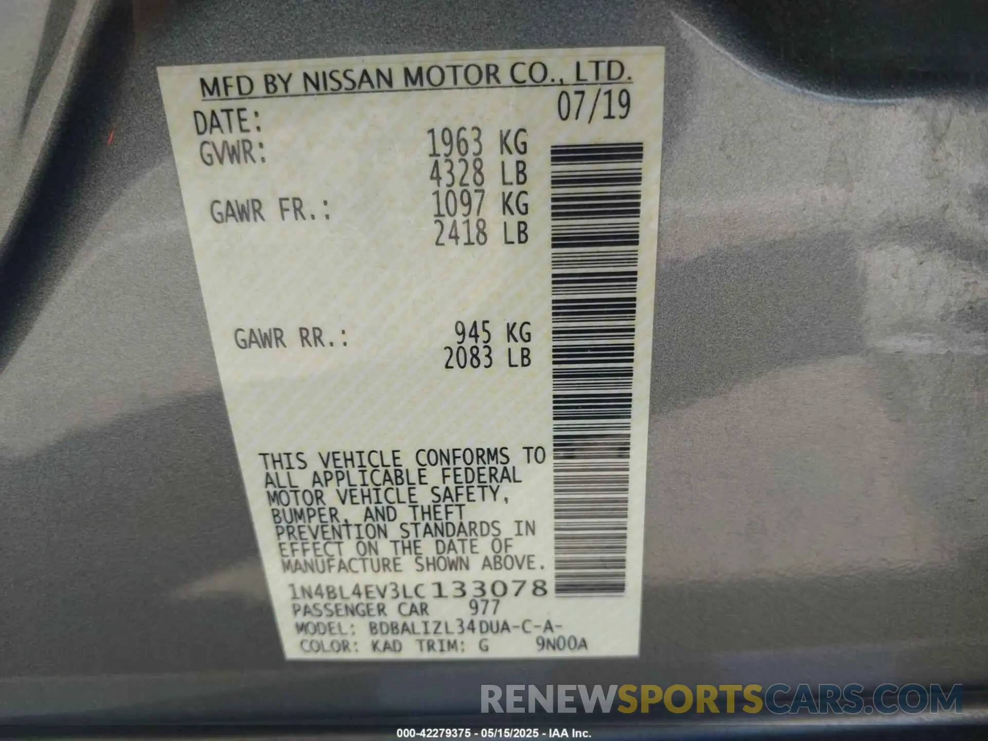 9 fotografías del automóvil dañado 1N4BL4EV3LC133078 NISSAN ALTIMA 2020