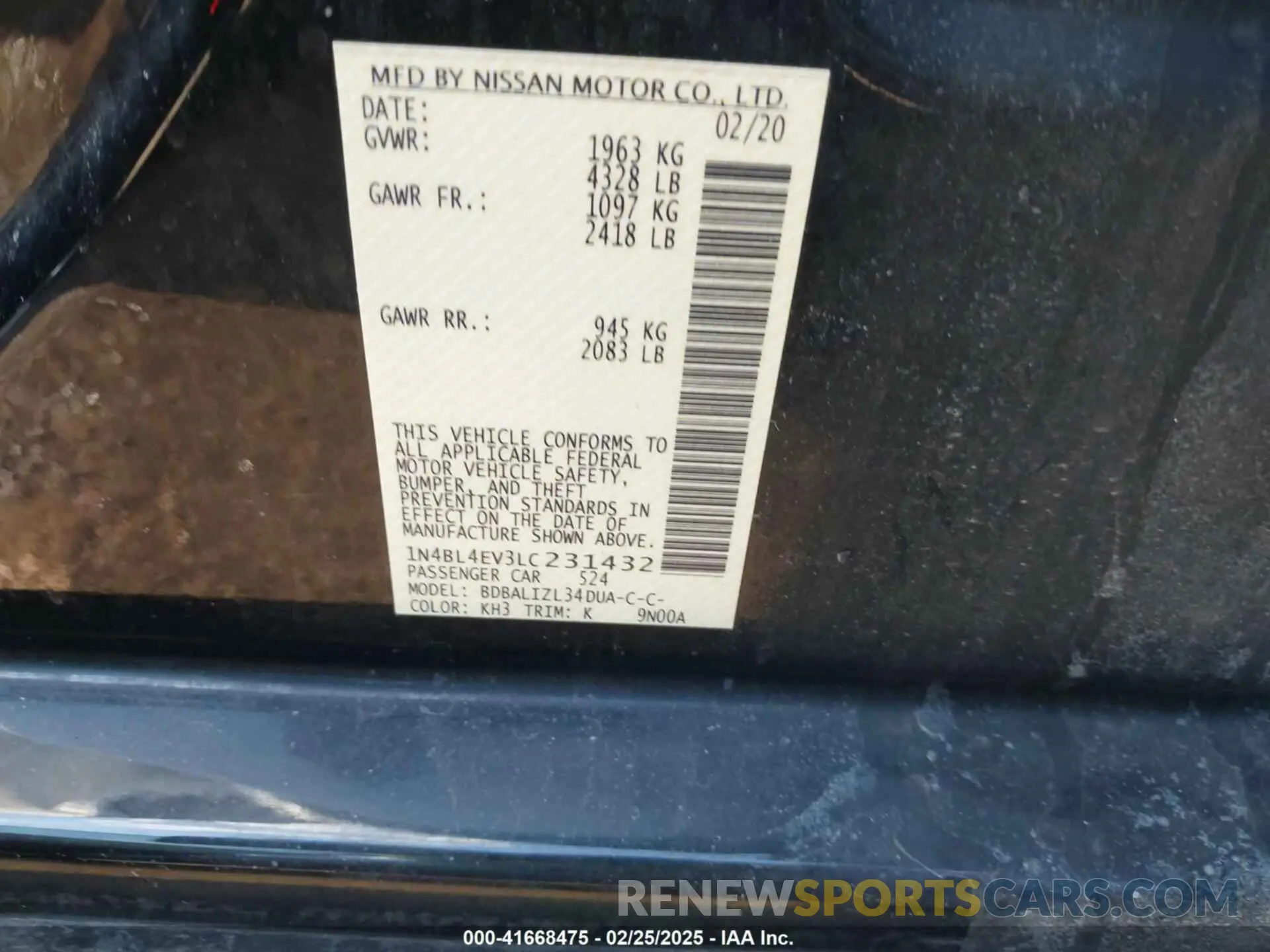9 fotografías del automóvil dañado 1N4BL4EV3LC231432 NISSAN ALTIMA 2020