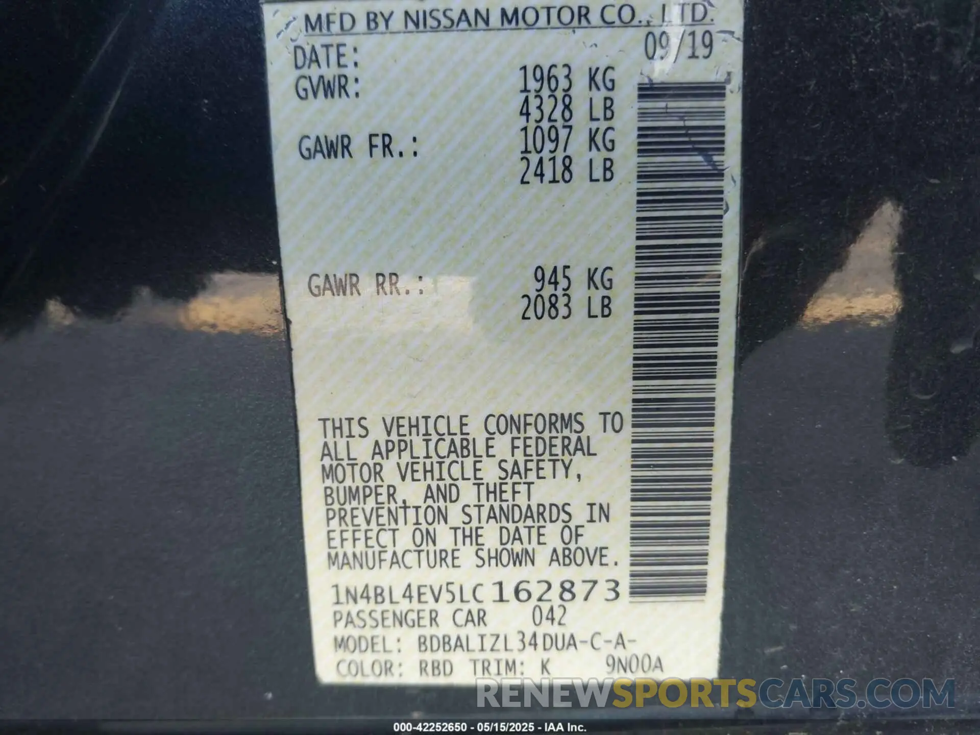 9 fotografías del automóvil dañado 1N4BL4EV5LC162873 NISSAN ALTIMA 2020