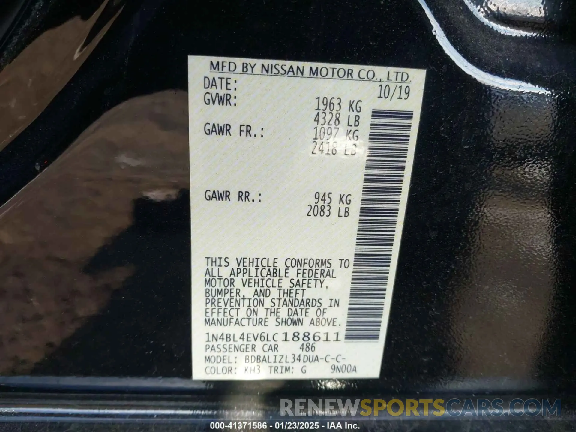 9 fotografías del automóvil dañado 1N4BL4EV6LC188611 NISSAN ALTIMA 2020