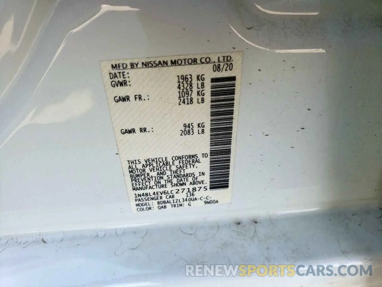 13 fotografías del automóvil dañado 1N4BL4EV6LC271875 NISSAN ALTIMA 2020