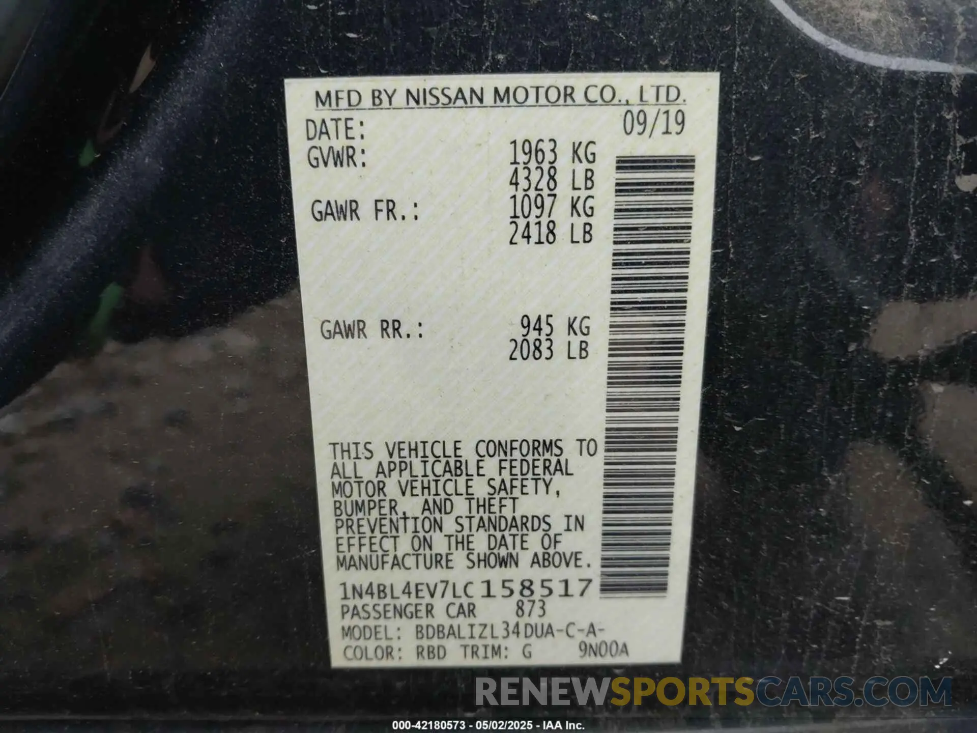 9 fotografías del automóvil dañado 1N4BL4EV7LC158517 NISSAN ALTIMA 2020