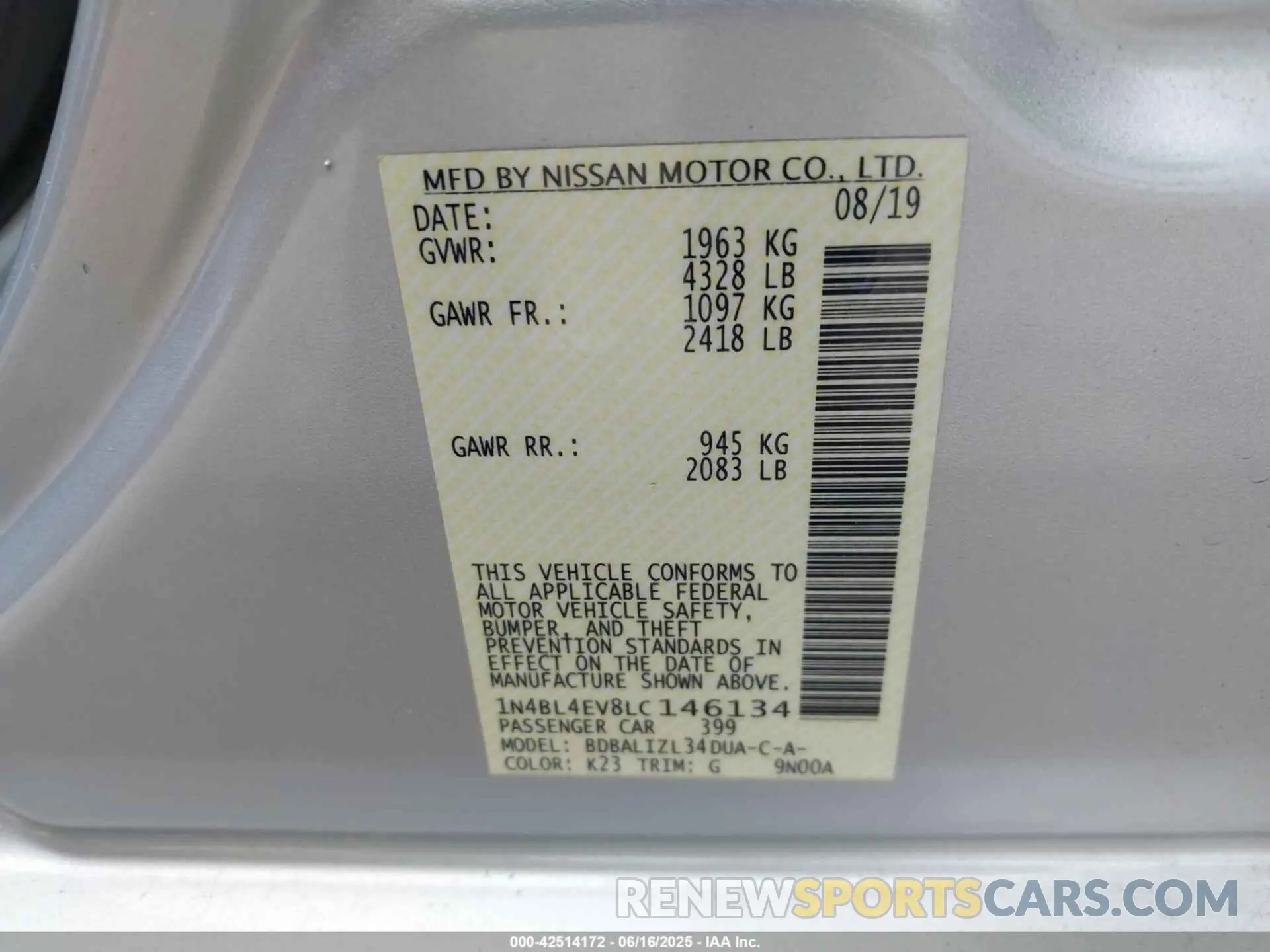 9 fotografías del automóvil dañado 1N4BL4EV8LC146134 NISSAN ALTIMA 2020