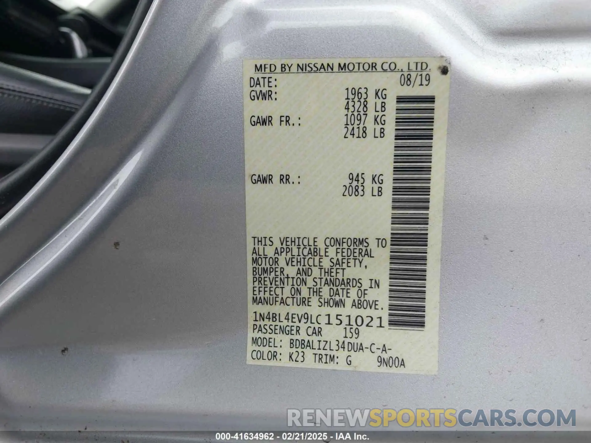 9 fotografías del automóvil dañado 1N4BL4EV9LC151021 NISSAN ALTIMA 2020