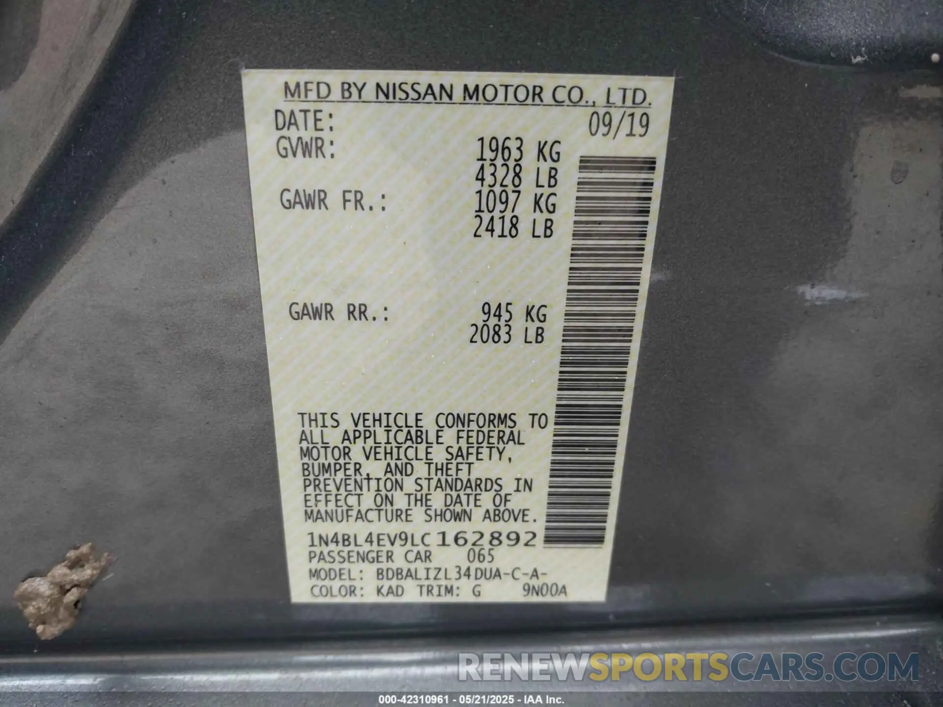 9 fotografías del automóvil dañado 1N4BL4EV9LC162892 NISSAN ALTIMA 2020
