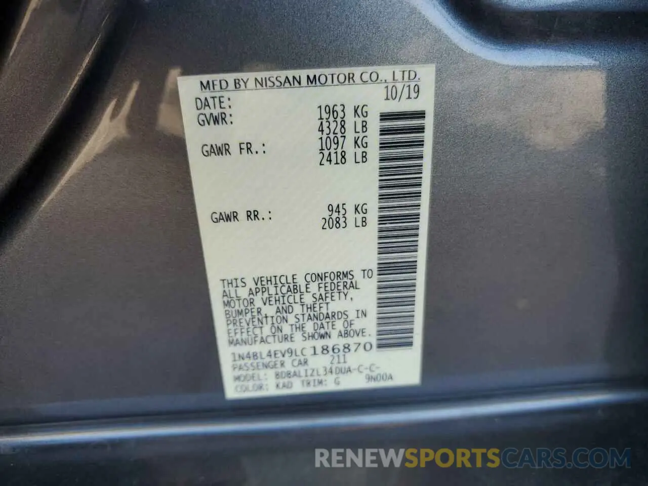 12 fotografías del automóvil dañado 1N4BL4EV9LC186870 NISSAN ALTIMA 2020