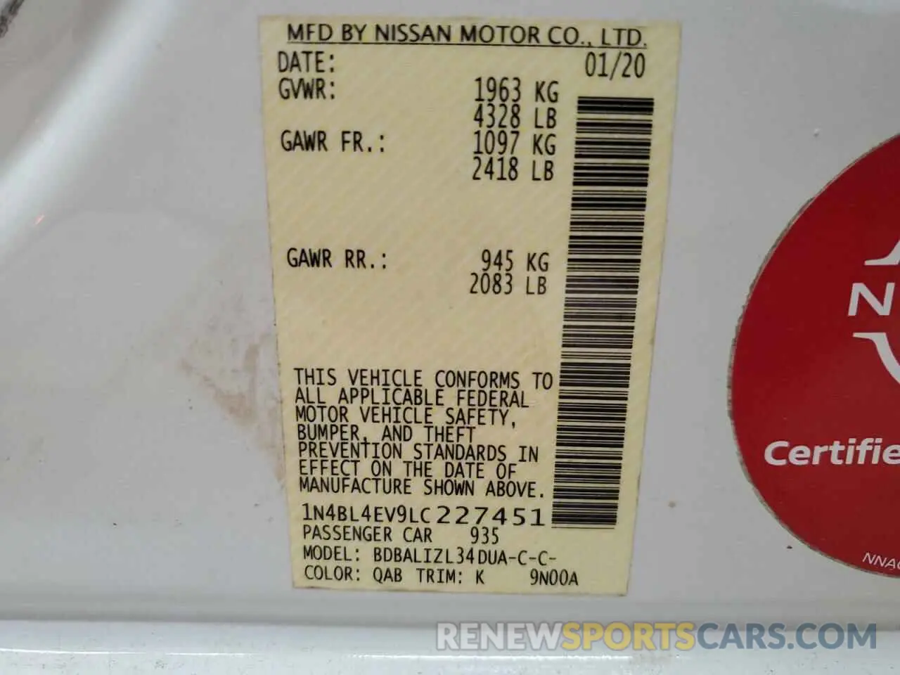 12 fotografías del automóvil dañado 1N4BL4EV9LC227451 NISSAN ALTIMA 2020