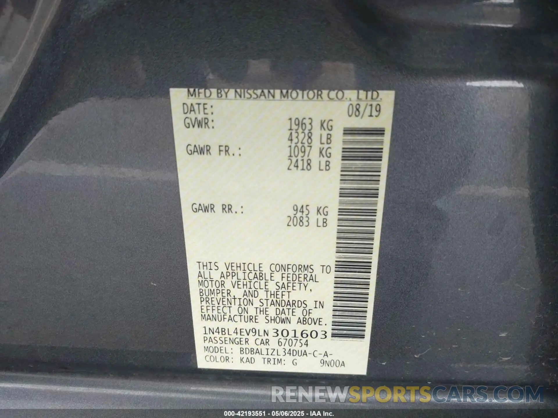 9 fotografías del automóvil dañado 1N4BL4EV9LN301603 NISSAN ALTIMA 2020