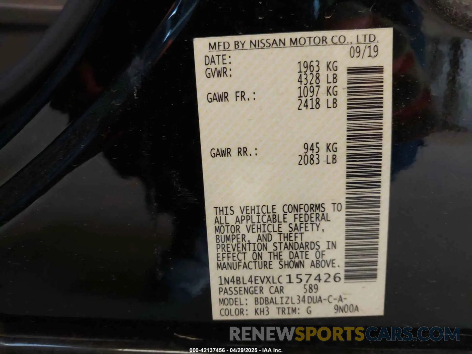 9 fotografías del automóvil dañado 1N4BL4EVXLC157426 NISSAN ALTIMA 2020