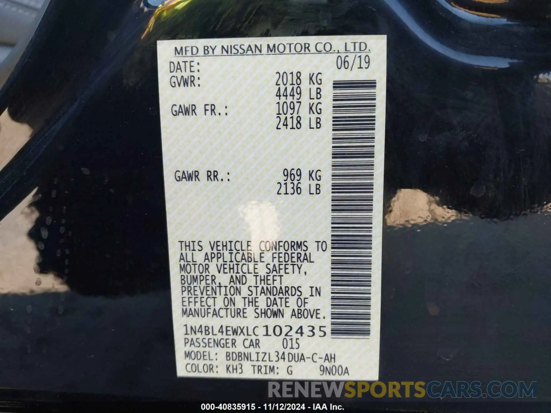 9 fotografías del automóvil dañado 1N4BL4EWXLC102435 NISSAN ALTIMA 2020