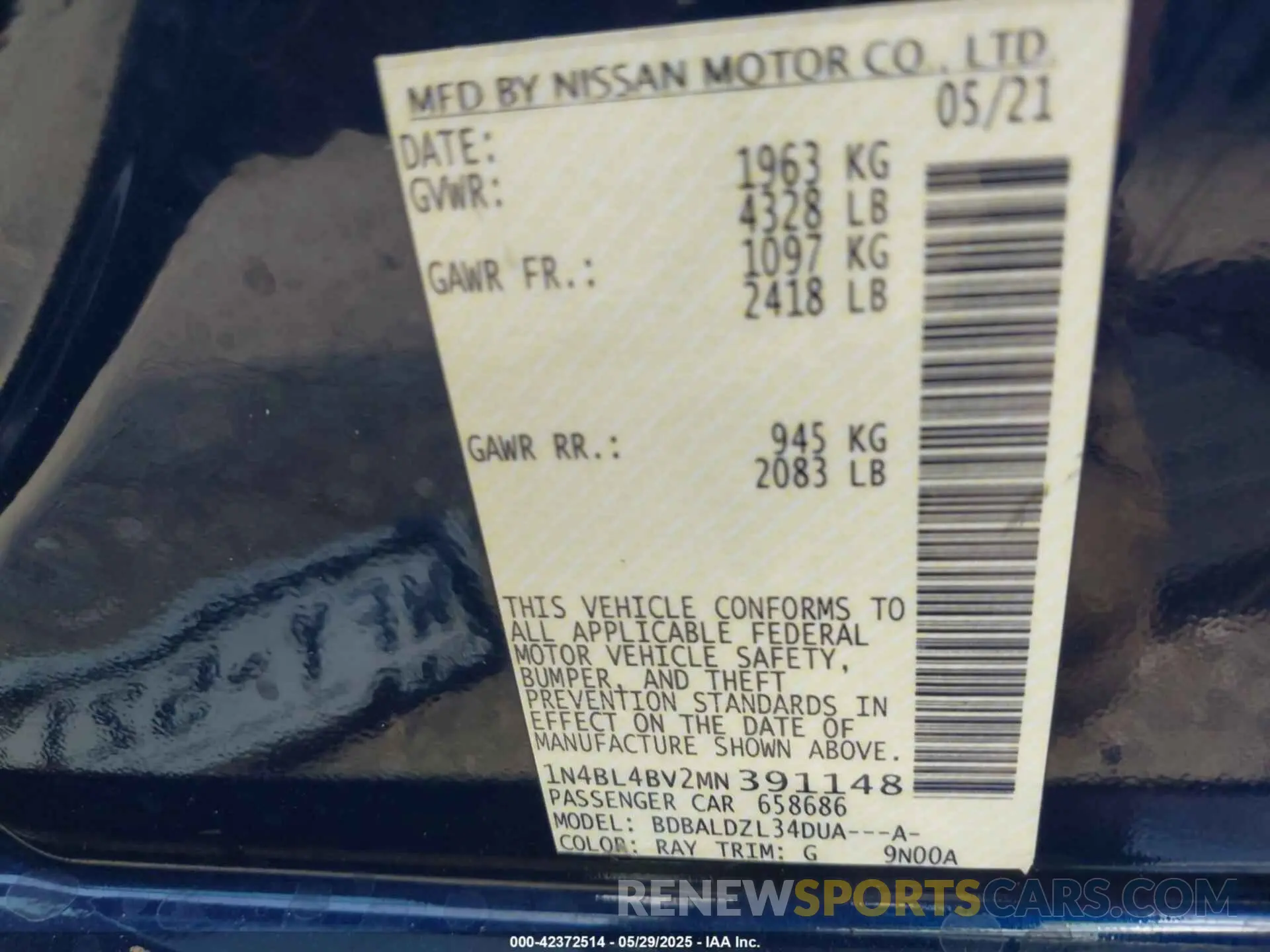 9 fotografías del automóvil dañado 1N4BL4BV2MN391148 NISSAN ALTIMA 2021