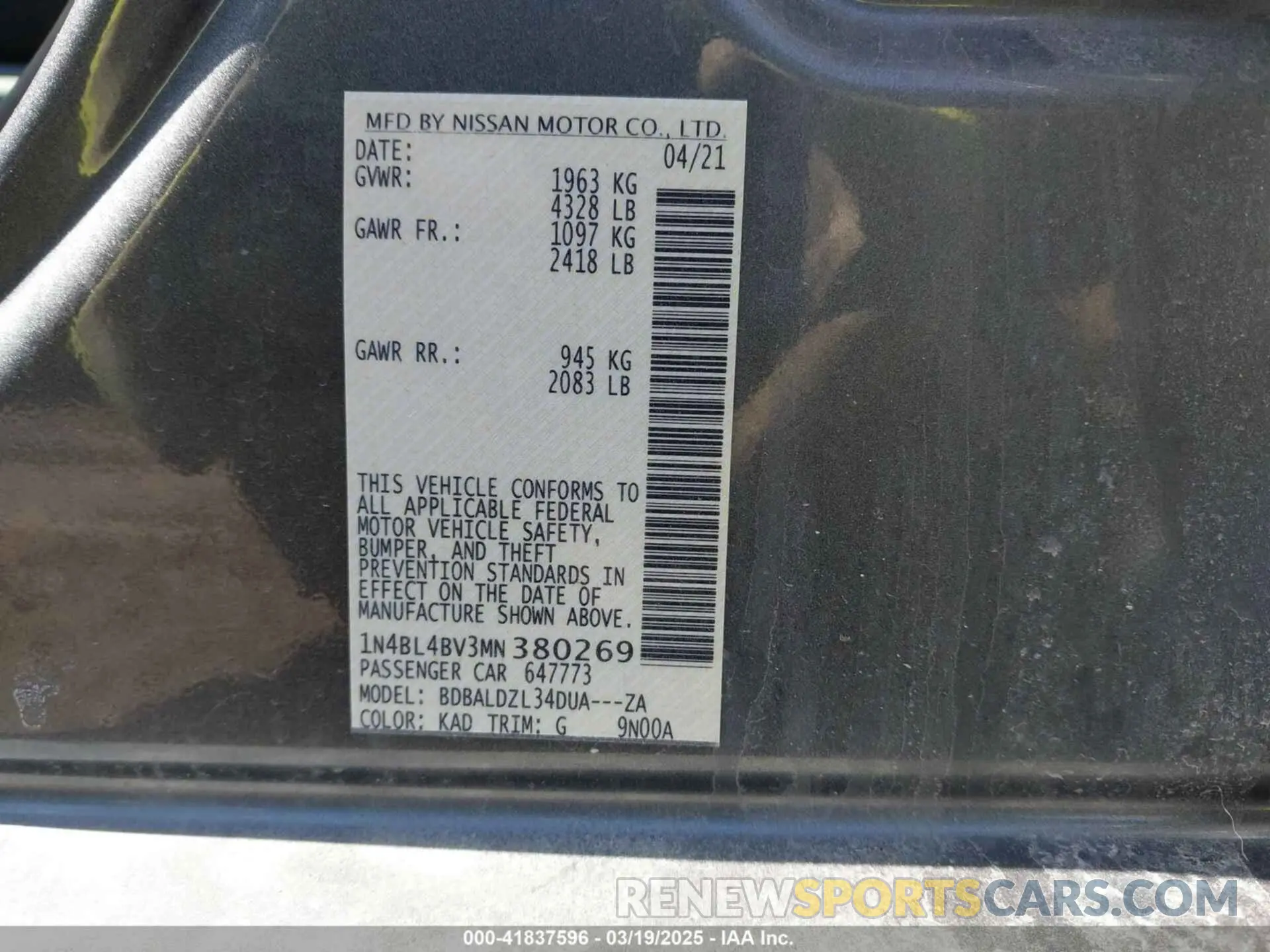 9 fotografías del automóvil dañado 1N4BL4BV3MN380269 NISSAN ALTIMA 2021