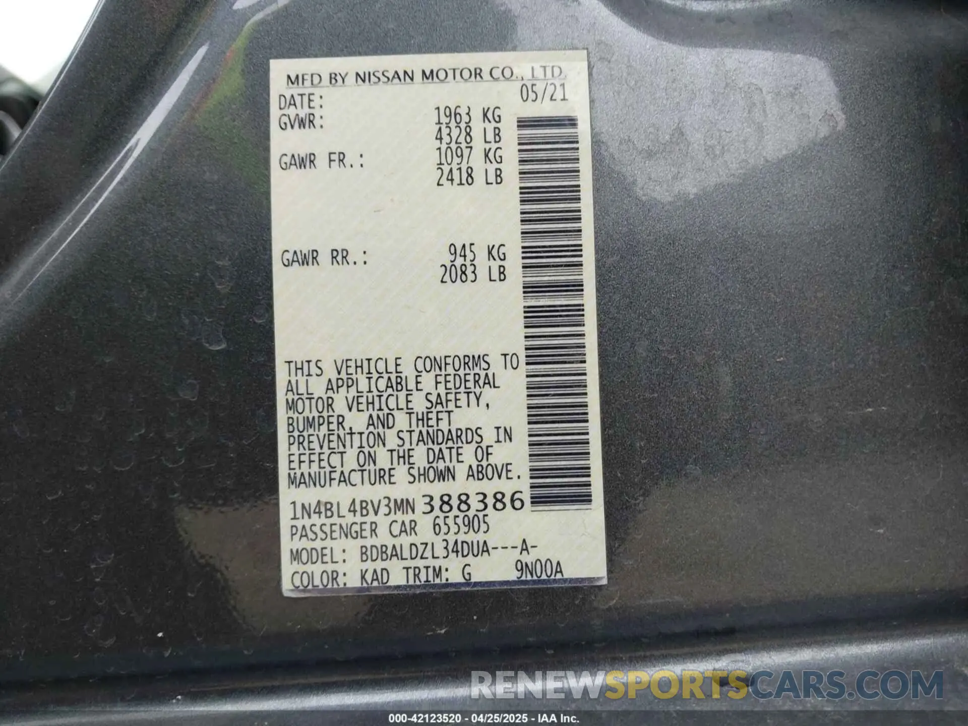 9 fotografías del automóvil dañado 1N4BL4BV3MN388386 NISSAN ALTIMA 2021