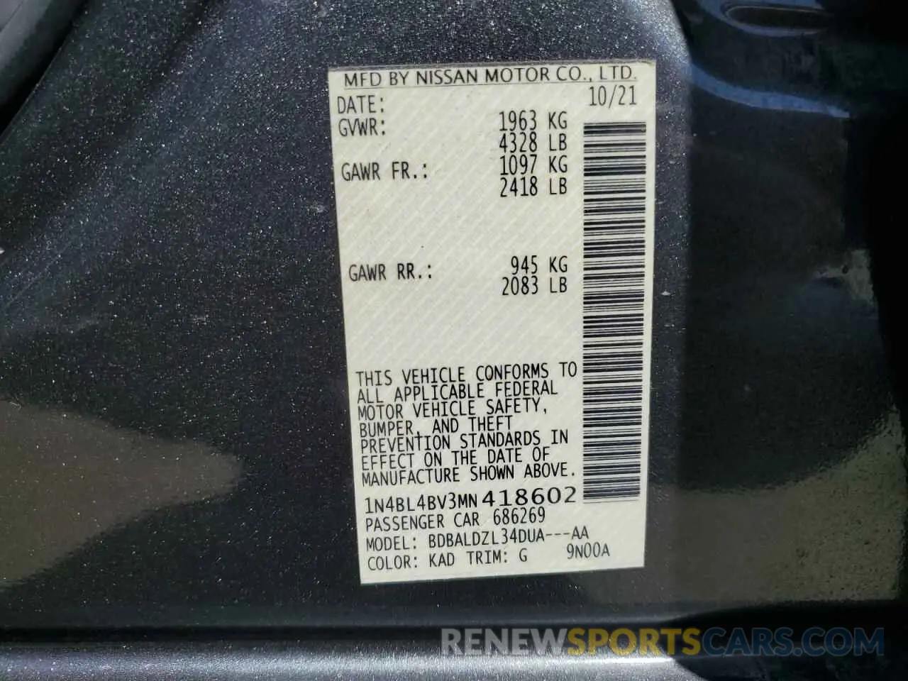 12 fotografías del automóvil dañado 1N4BL4BV3MN418602 NISSAN ALTIMA 2021