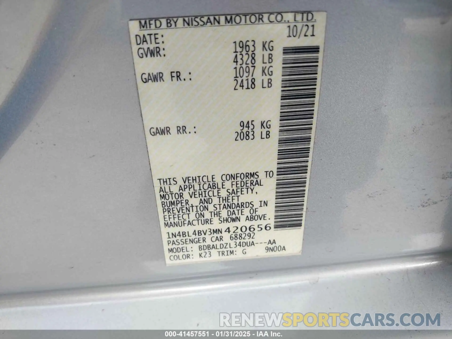 9 fotografías del automóvil dañado 1N4BL4BV3MN420656 NISSAN ALTIMA 2021