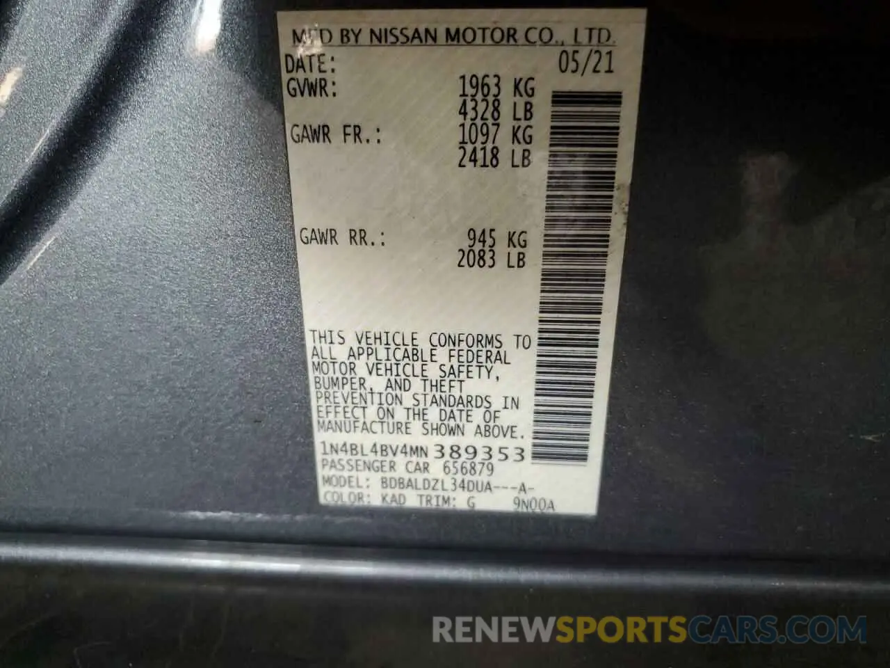 12 fotografías del automóvil dañado 1N4BL4BV4MN389353 NISSAN ALTIMA 2021