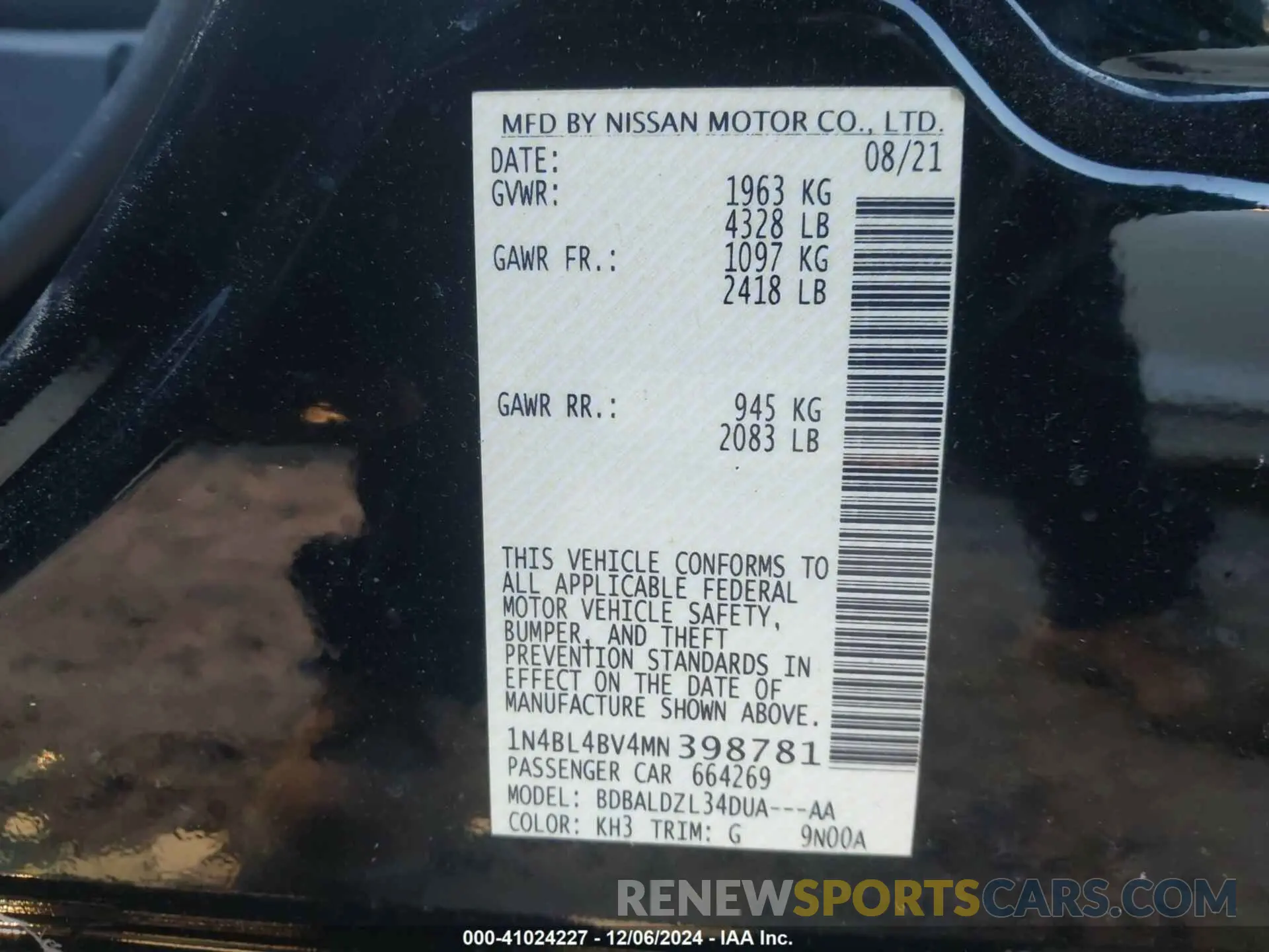 9 fotografías del automóvil dañado 1N4BL4BV4MN398781 NISSAN ALTIMA 2021