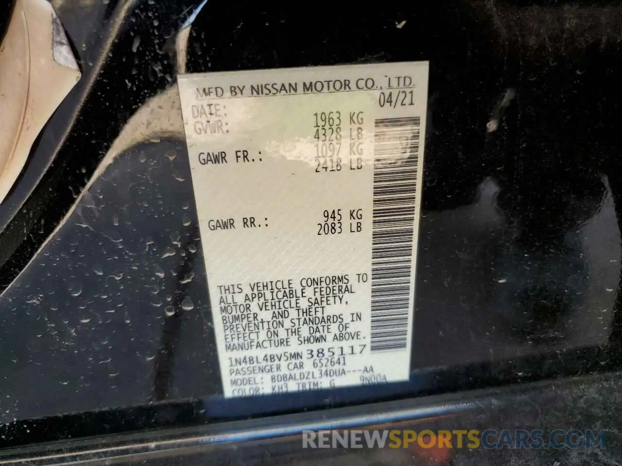 12 fotografías del automóvil dañado 1N4BL4BV5MN385117 NISSAN ALTIMA 2021