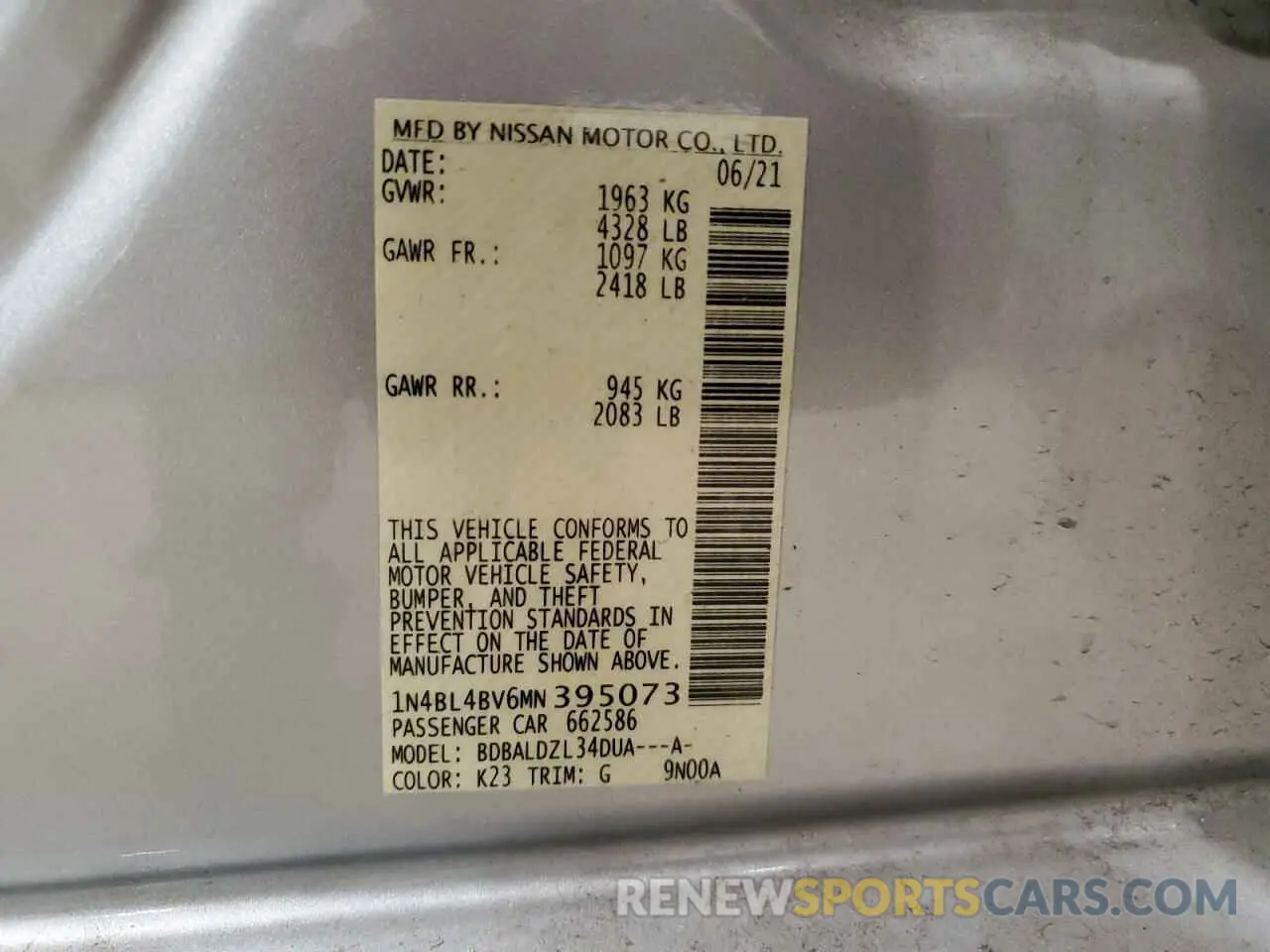 12 fotografías del automóvil dañado 1N4BL4BV6MN395073 NISSAN ALTIMA 2021