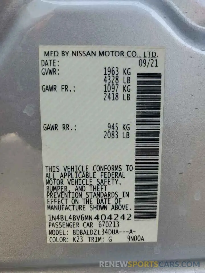 12 fotografías del automóvil dañado 1N4BL4BV6MN404242 NISSAN ALTIMA 2021