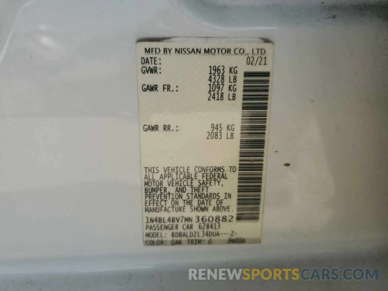 12 fotografías del automóvil dañado 1N4BL4BV7MN360882 NISSAN ALTIMA 2021