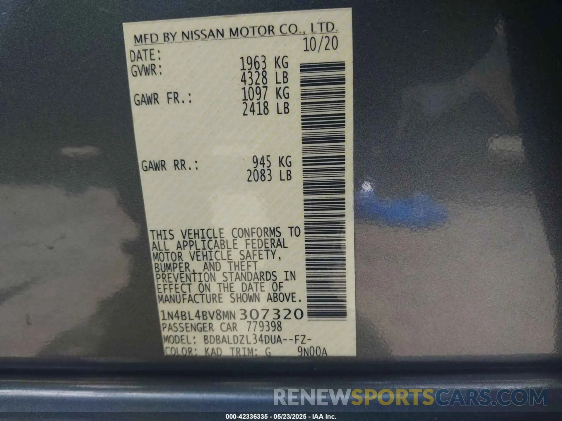 9 fotografías del automóvil dañado 1N4BL4BV8MN307320 NISSAN ALTIMA 2021