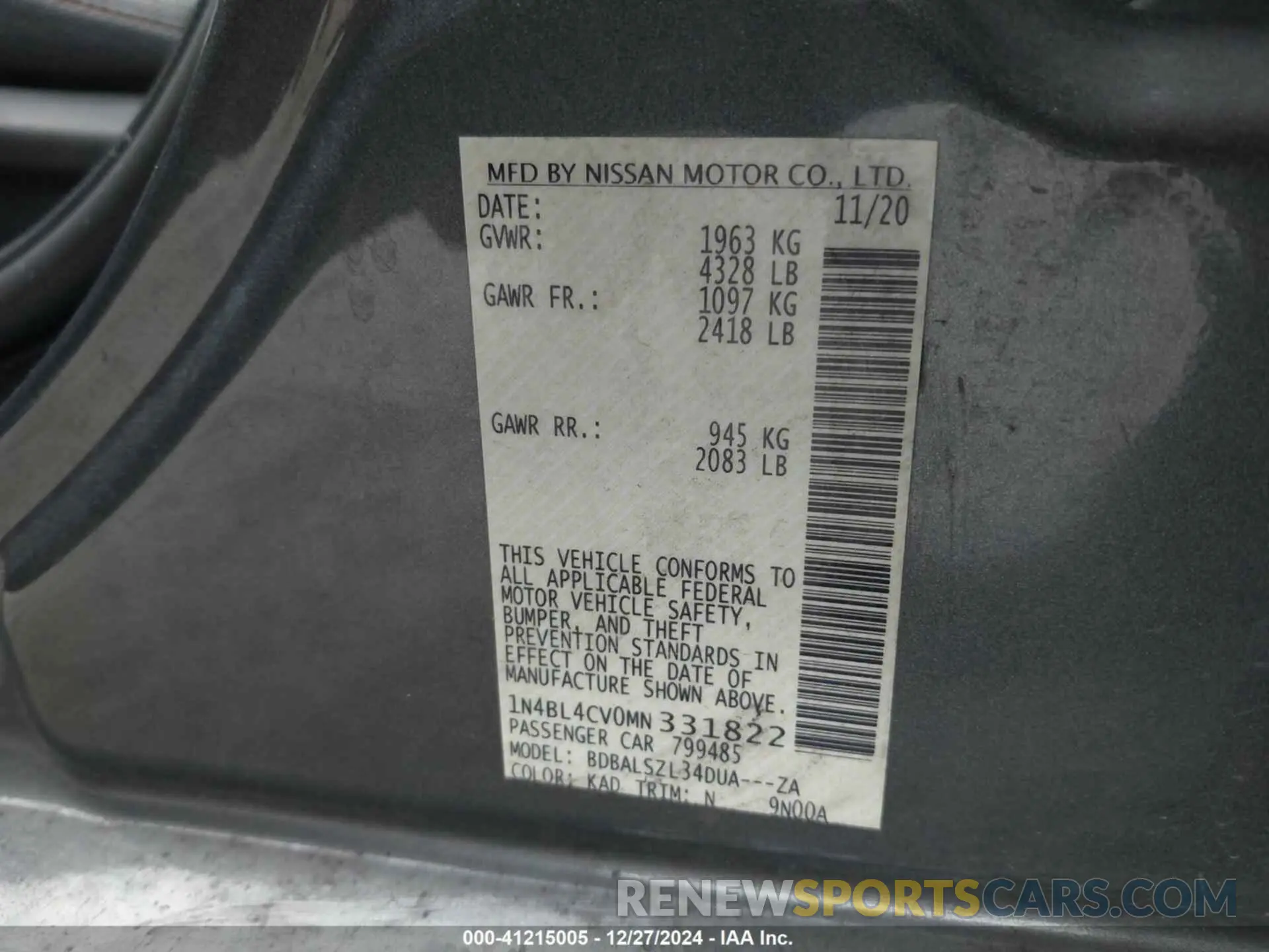 9 fotografías del automóvil dañado 1N4BL4CV0MN331822 NISSAN ALTIMA 2021