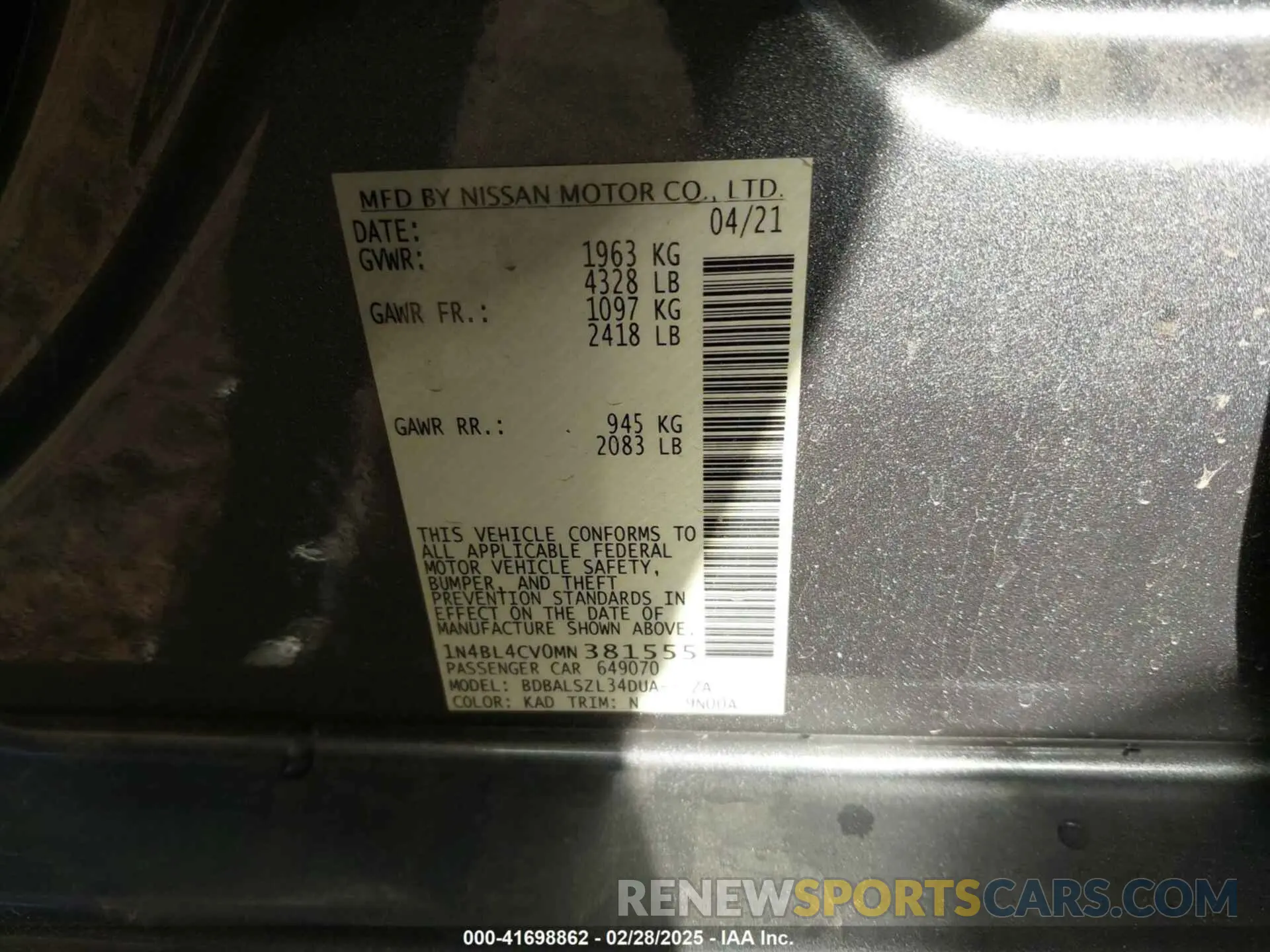 9 fotografías del automóvil dañado 1N4BL4CV0MN381555 NISSAN ALTIMA 2021