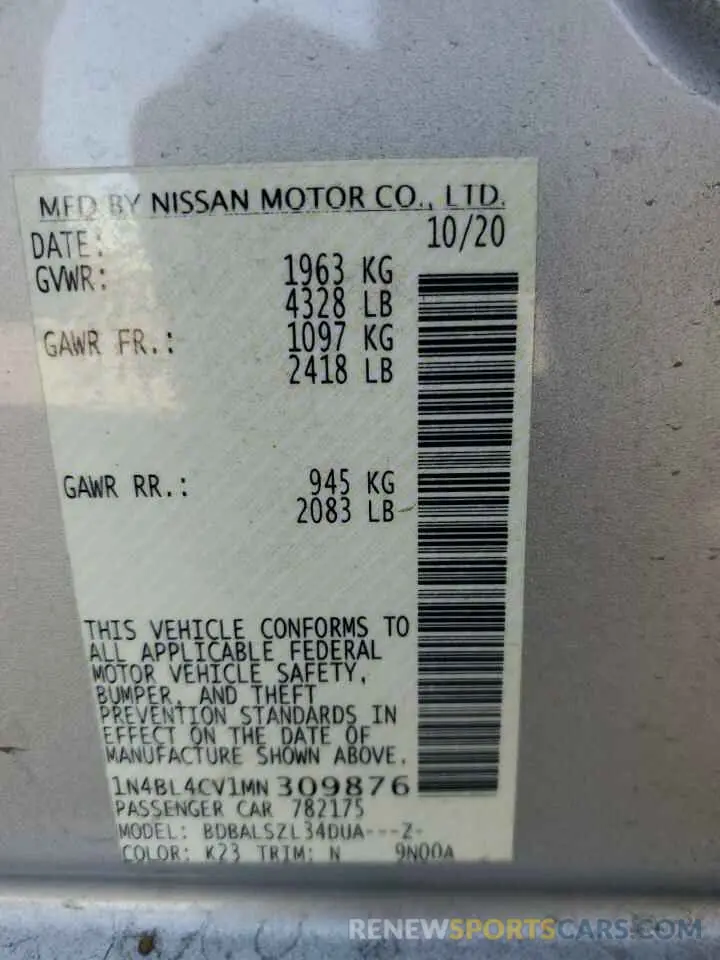 12 fotografías del automóvil dañado 1N4BL4CV1MN309876 NISSAN ALTIMA 2021