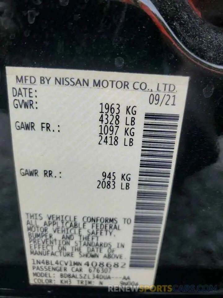 12 fotografías del automóvil dañado 1N4BL4CV1MN408682 NISSAN ALTIMA 2021