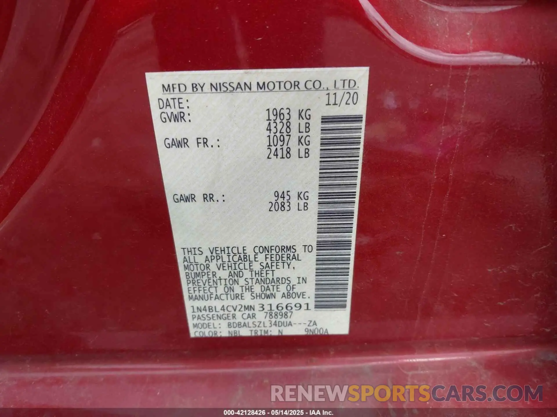 9 fotografías del automóvil dañado 1N4BL4CV2MN316691 NISSAN ALTIMA 2021