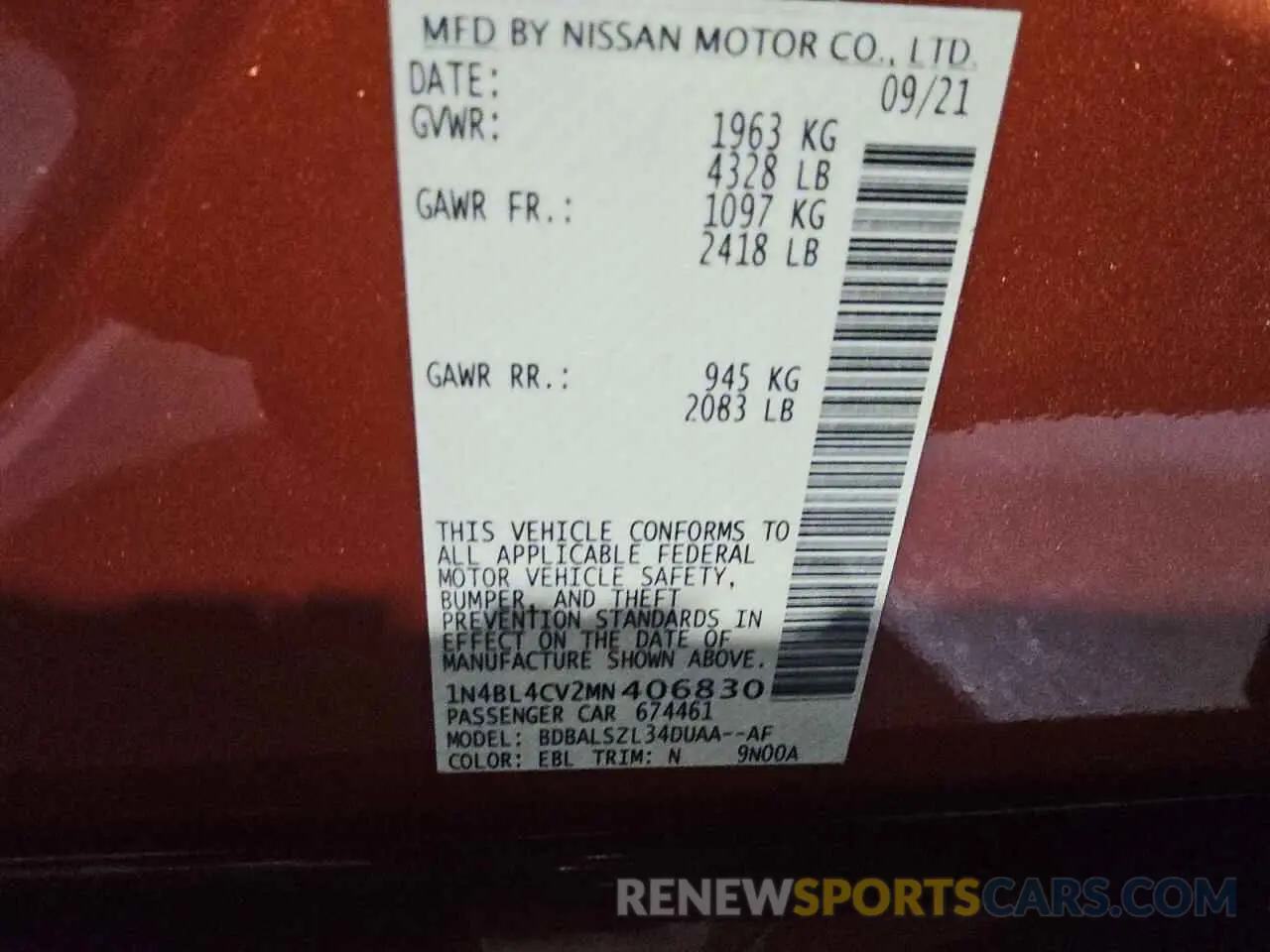 13 fotografías del automóvil dañado 1N4BL4CV2MN406830 NISSAN ALTIMA 2021