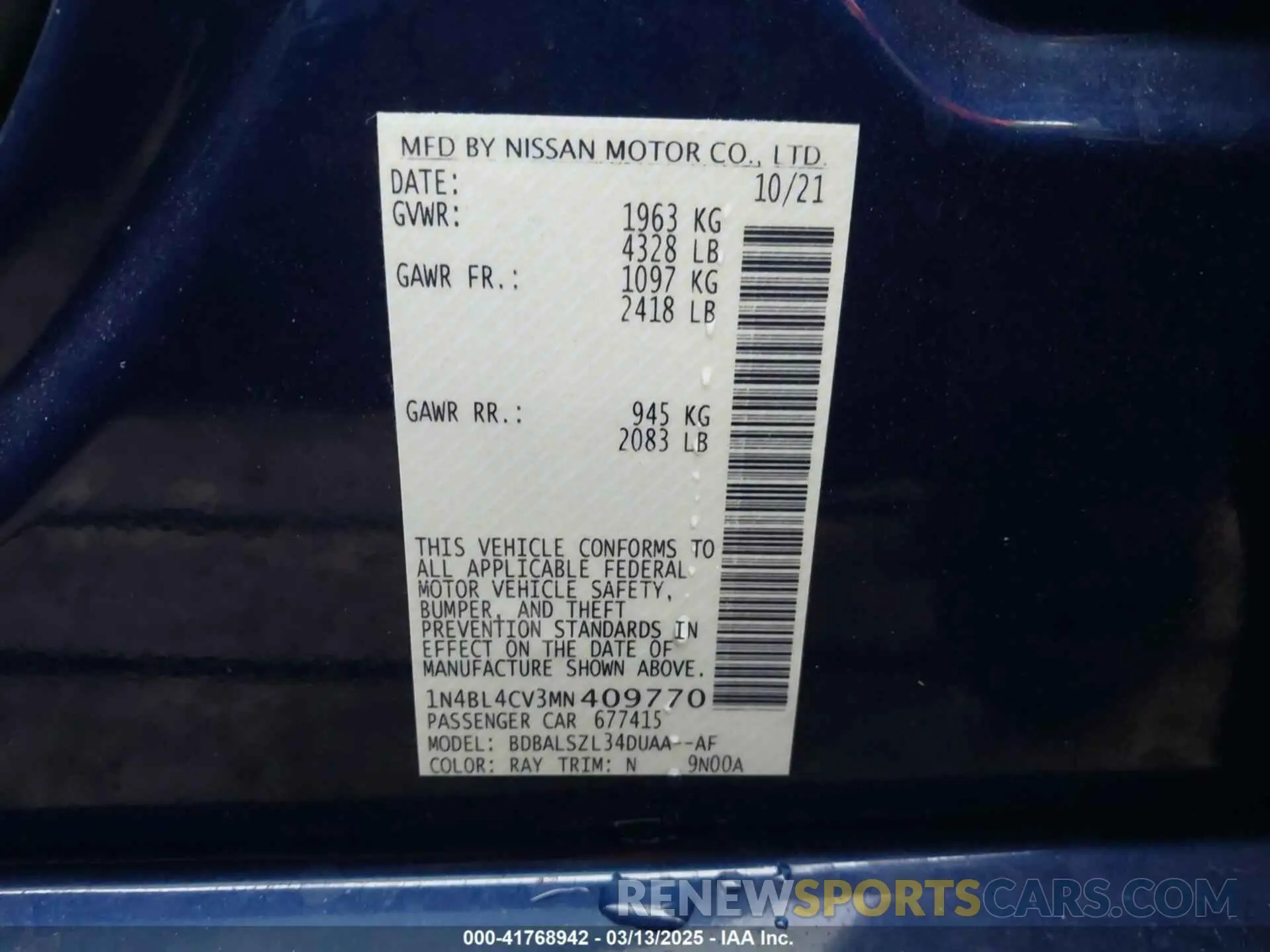 9 fotografías del automóvil dañado 1N4BL4CV3MN409770 NISSAN ALTIMA 2021